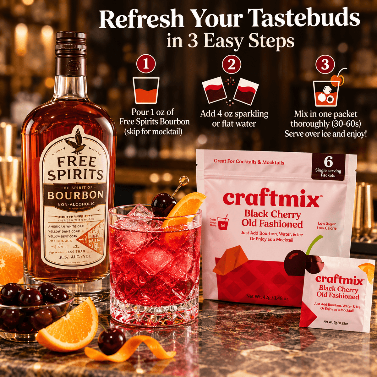 Non-Alcoholic Old Fashioned Cocktail Set - Bourbon & Cherry